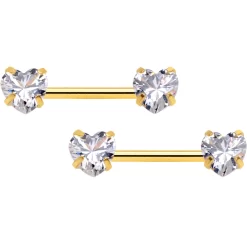 14 Gauge 1/2 Aurora CZ Gem Heart Gold Tone Threadless Nipple Ring Set