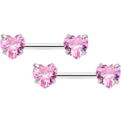 14 Gauge 1/2 Pink CZ Gem Heart Threadless Barbell Nipple Ring Set