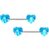 14 Gauge 1/2 Aqua CZ Gem Heart Threadless Barbell Nipple Ring Set