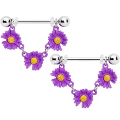 Gaby 14 Gauge 13/16 Purple Daisy Chain Dangle Nipple Ring Set
