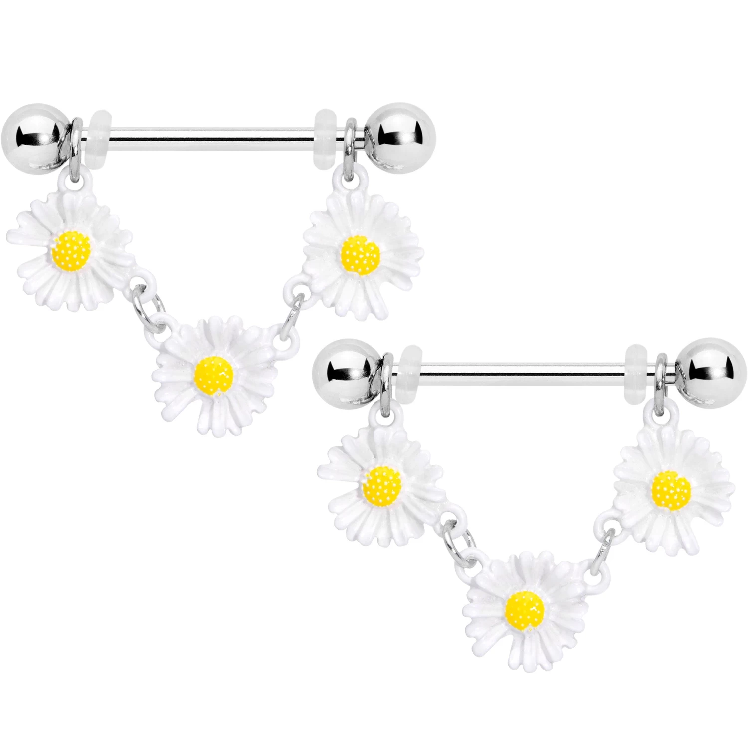 Gaby 14 Gauge 13/16 White Daisy Chain Dangle Nipple Ring Set 1 Gaby 14 Gauge 13/16 White Daisy Chain Dangle Nipple Ring Set