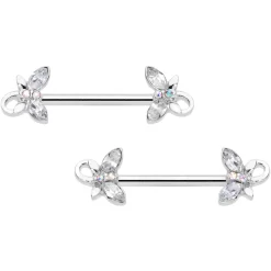 14 Gauge 1/2 Clear Aurora Gem Loop Butterfly Barbell Nipple Ring Set
