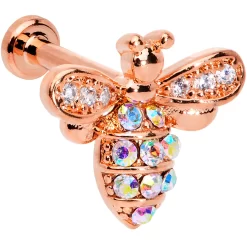16 Gauge 1/4 Aurora CZ Gem Rose Gold Hue Bee Internal Thread Labret