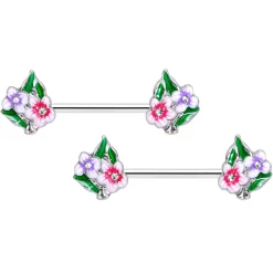 14 Gauge 9/16 Clear Gem Fanciful Flowers Barbell Nipple Ring Set