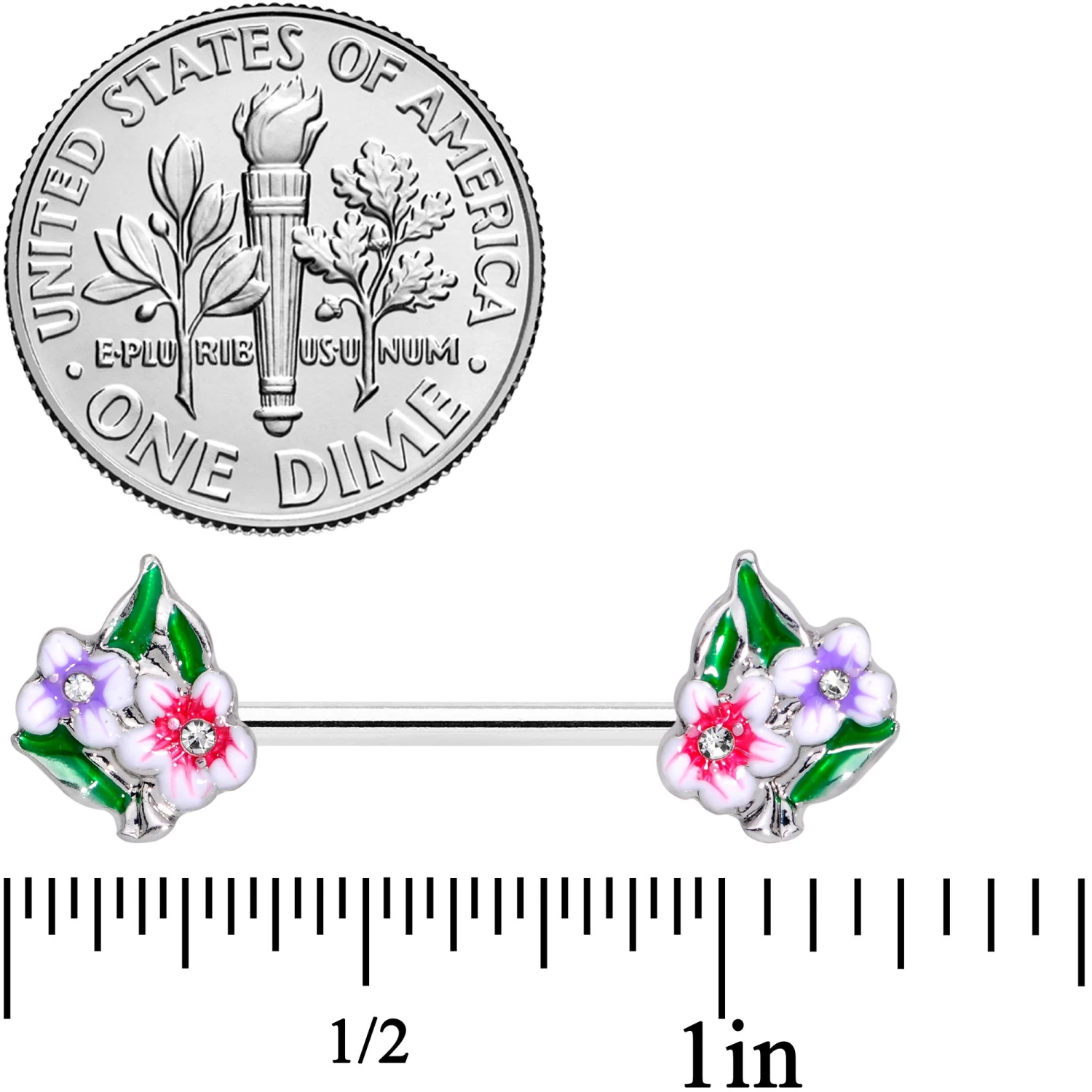 14 Gauge 9/16 Clear Gem Fanciful Flowers Barbell Nipple Ring Set 2 14 Gauge 9/16 Clear Gem Fanciful Flowers Barbell Nipple Ring Set - Image 2