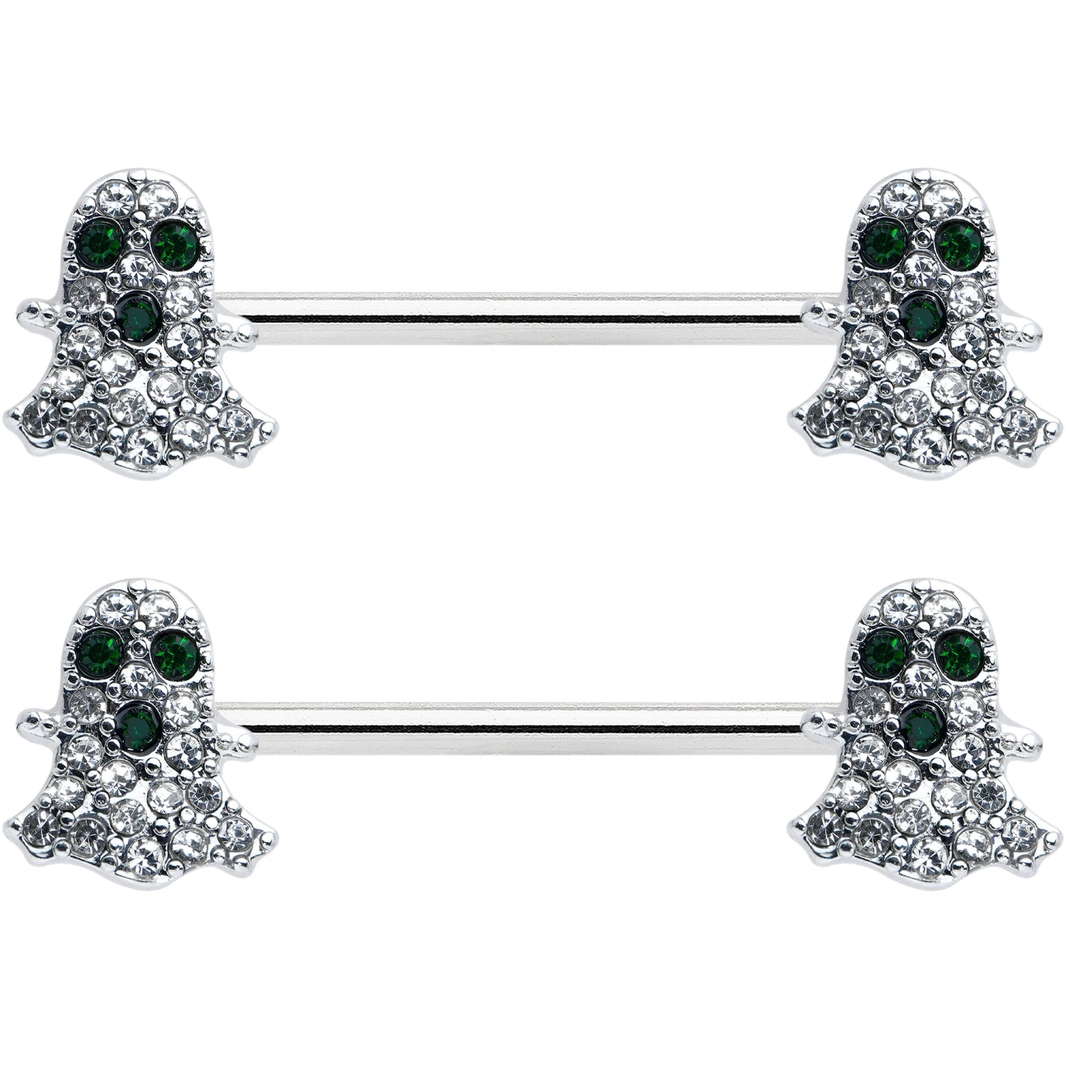 14 Gauge 5/8 Clear Black Gem Scary Ghost Barbell Nipple Ring Set 2 14 Gauge 5/8 Clear Black Gem Scary Ghost Barbell Nipple Ring Set - Image 2