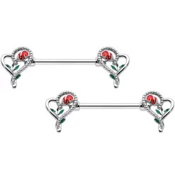 14 Gauge 5/8 Open Heart Rose Valentines Barbell Nipple Ring Set