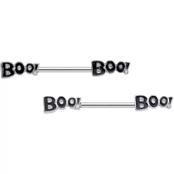 14 Gauge 5/8 Clear Gem Black Boo Halloween Barbell Nipple Ring Set