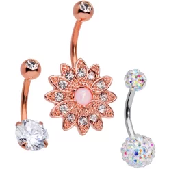 Gaby Aurora Clear Gem Rose Gold Tone Flower Belly Ring Set Of 3
