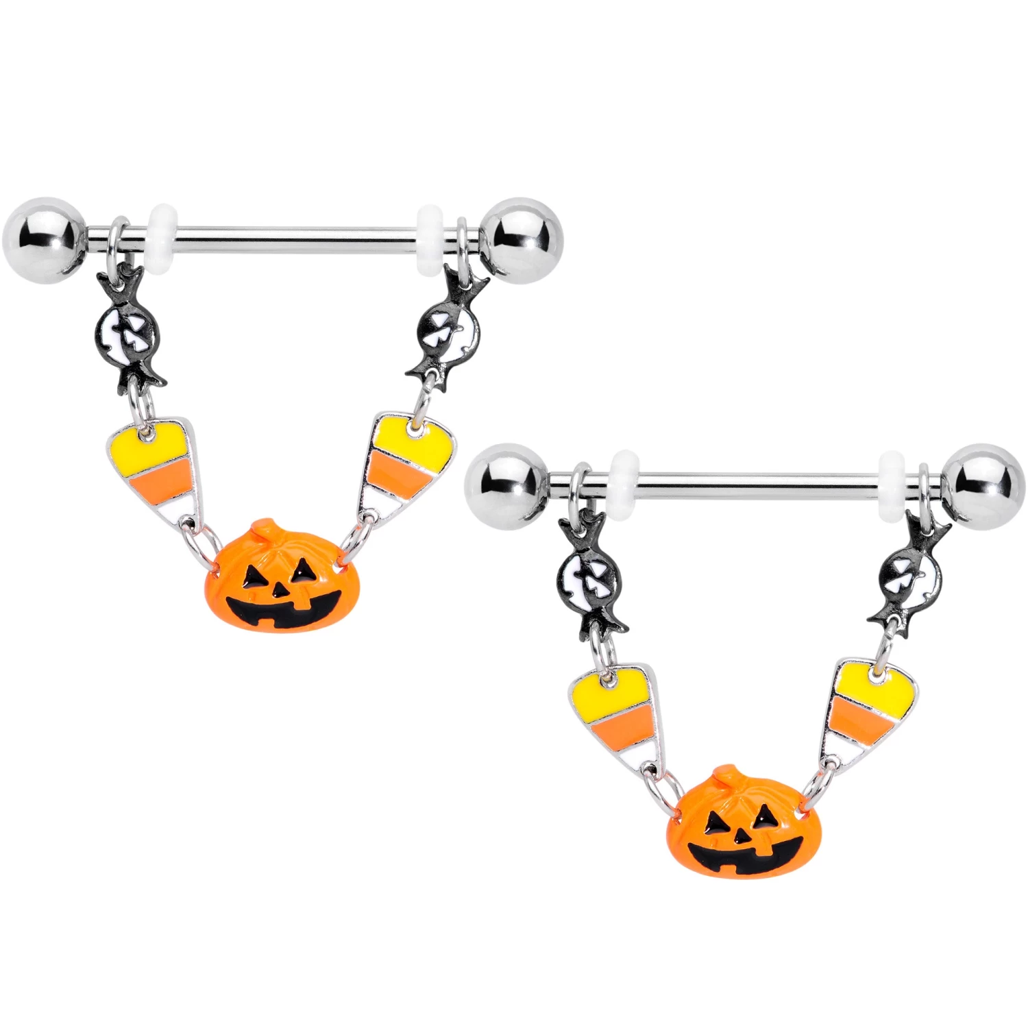 14 Gauge 13/16 Candy Corn Pumpkin Halloween Dangle Nipple Ring Set 1 14 Gauge 13/16 Candy Corn Pumpkin Halloween Dangle Nipple Ring Set