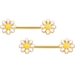 14 Gauge 9/16 Gold Tone Happy Daisy Flower Barbell Nipple Ring Set