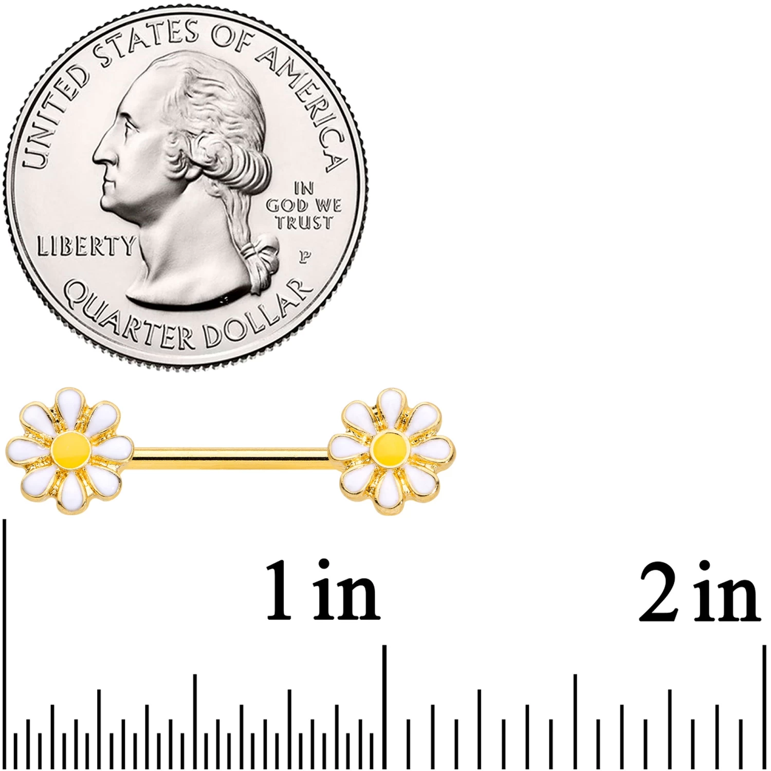 14 Gauge 9/16 Gold Tone Happy Daisy Flower Barbell Nipple Ring Set 2 14 Gauge 9/16 Gold Tone Happy Daisy Flower Barbell Nipple Ring Set - Image 2