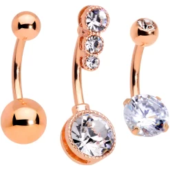 Gaby Clear CZ Gem Rose Gold Tone Elegance Belly Ring Set Of 3