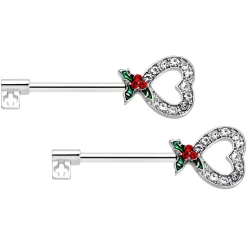 Gaby 14 Gauge 9/16 Clear Gem Holiday Holly Key Heart Barbell Nipple Ring Set