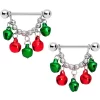 Gaby 14 Gauge 5/8 Green Red Green Bell Christmas Dangle Nipple Ring Set