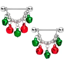Gaby 14 Gauge 5/8 Green Red Green Bell Christmas Dangle Nipple Ring Set
