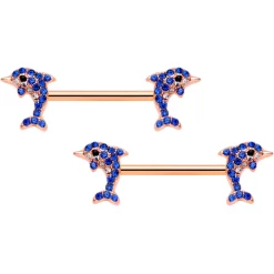 14 Gauge 9/16 Blue Gem Rose Gold Tone Dolphin Barbell Nipple Ring Set