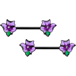 14 Gauge 9/16 Clear Gem Black Purple Iris Flower Nipple Ring Set