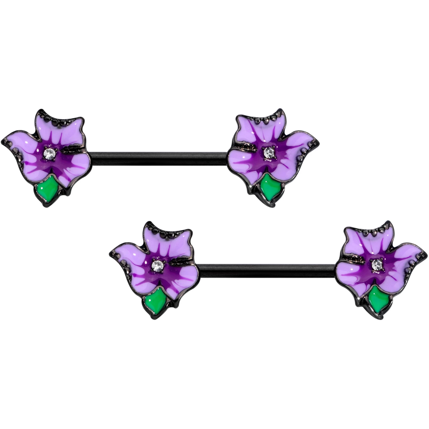 14 Gauge 9/16 Clear Gem Black Purple Iris Flower Nipple Ring Set 1 14 Gauge 9/16 Clear Gem Black Purple Iris Flower Nipple Ring Set