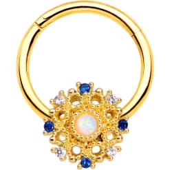 16 Gauge 3/8 Gold Tone White Synthetic Opal Sun Hinged Segment Ring
