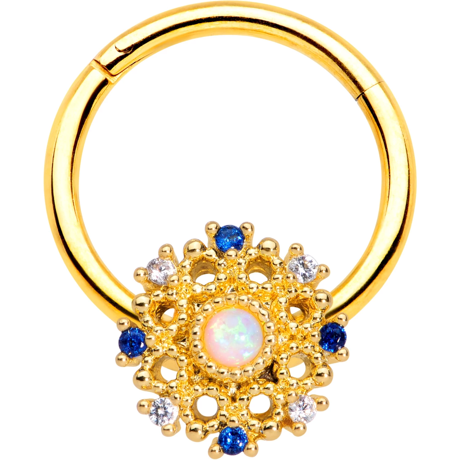 16 Gauge 3/8 Gold Tone White Synthetic Opal Sun Hinged Segment Ring 1 16 Gauge 3/8 Gold Tone White Synthetic Opal Sun Hinged Segment Ring