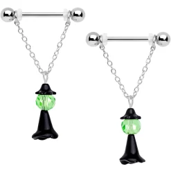 Gaby 14 Gauge 11/16 Green Gem Spooky Witch Halloween Dangle Nipple Ring Set