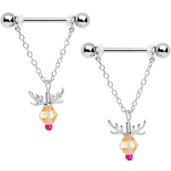 Gaby 14 Gauge 11/16 Tan Red Gem Reindeer Christmas Dangle Nipple Ring Set