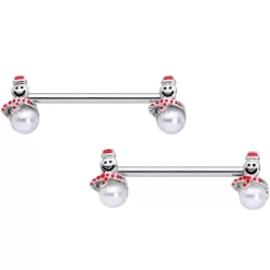 14 Gauge 5/8 Pearlescent Orb Snowman Christmas Barbell Nipple Ring Set