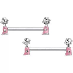 14 Gauge 5/8 Clear Gem Pink Champagne Bottles Barbell Nipple Ring Set