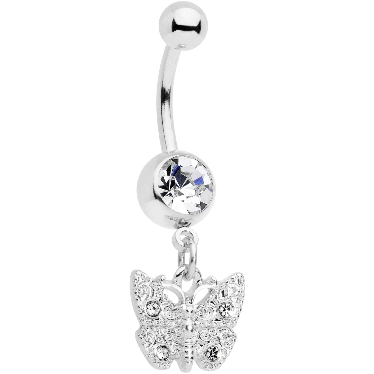Clear Gem Baroque Butterfly Dangle Belly Ring 1 Clear Gem Baroque Butterfly Dangle Belly Ring