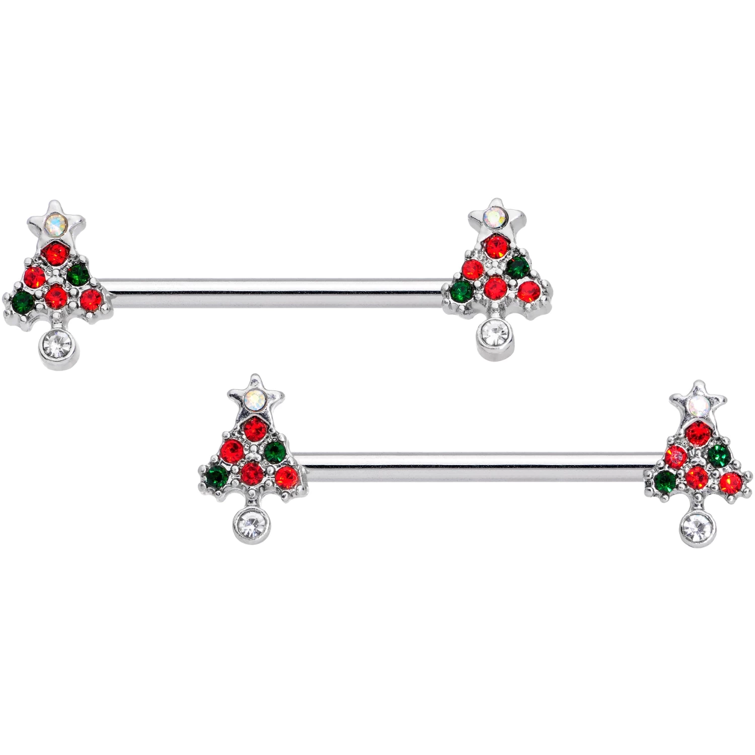14 Gauge 11/16 Clear Red Green Gem Christmas Tree Nipple Ring Set 1 14 Gauge 11/16 Clear Red Green Gem Christmas Tree Nipple Ring Set