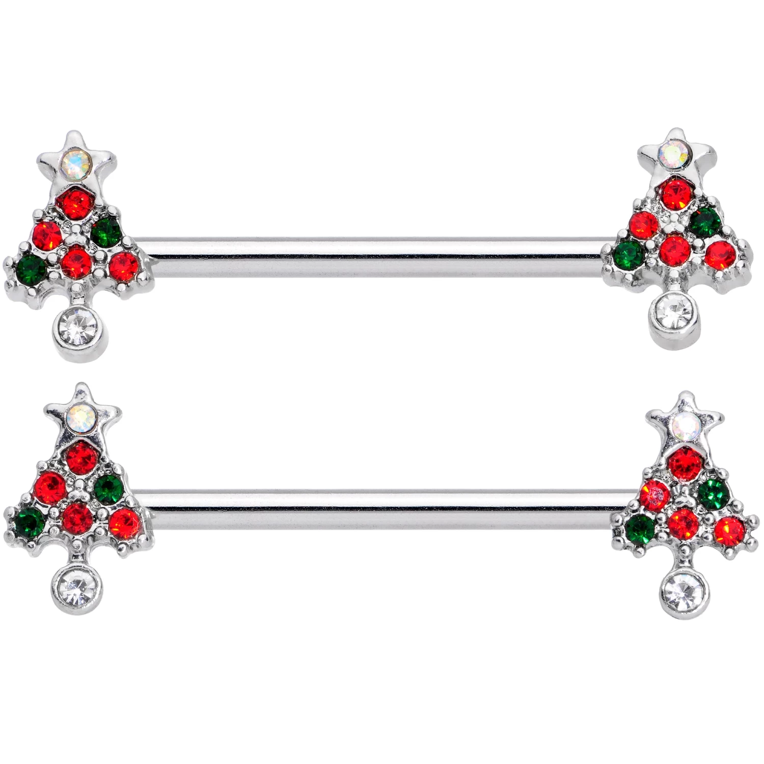 14 Gauge 11/16 Clear Red Green Gem Christmas Tree Nipple Ring Set 2 14 Gauge 11/16 Clear Red Green Gem Christmas Tree Nipple Ring Set - Image 2