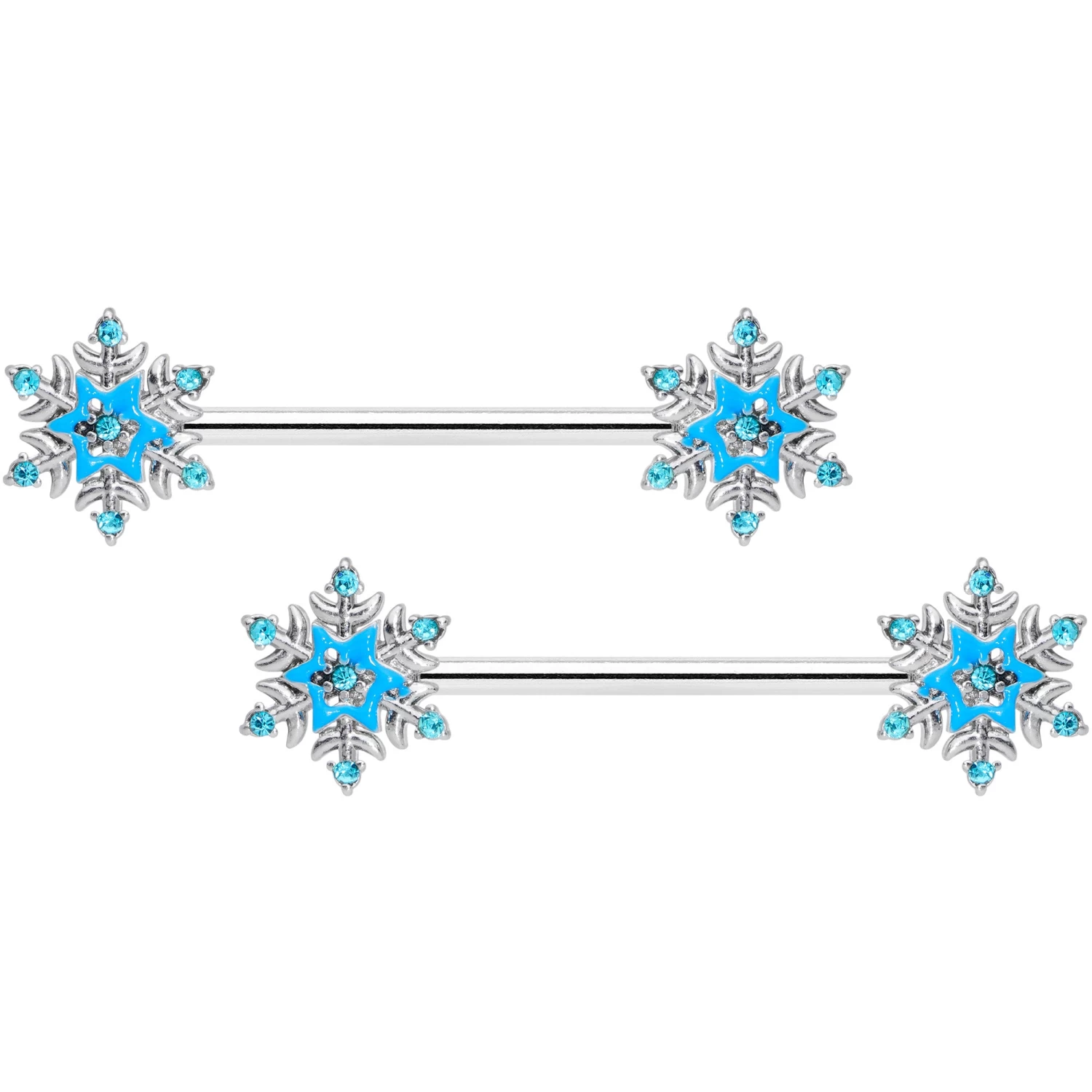 14 Gauge 5/8 Aqua Gem Winter Snowflake Christmas Nipple Ring Set 1 14 Gauge 5/8 Aqua Gem Winter Snowflake Christmas Nipple Ring Set