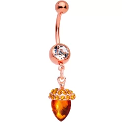 Clear Brown Gem Rose Gold Tone Fall Autumn Acorn Dangle Belly Ring