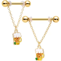 Gaby 14 Gauge 3/4 Gold Tone Beer Mug St Patricks Day Dangle Nipple Ring Set