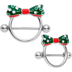 Gaby 14 Gauge 11/16 Green Red Polka Dot Bow Christmas Nipple Shield Set