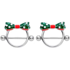 Gaby 14 Gauge 11/16 Green Red Polka Dot Bow Christmas Nipple Shield Set -Body Jewelry Store 71455.otherimage2