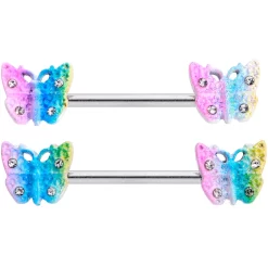 14 Gauge 9/16 Clear Gem Baroque Rainbow Butterfly Nipple Ring Set -Body Jewelry Store 71591.otherimage1