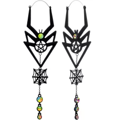 Vitrail Gem Black Spider Pentagram Dangle Tunnel Plug Earrings