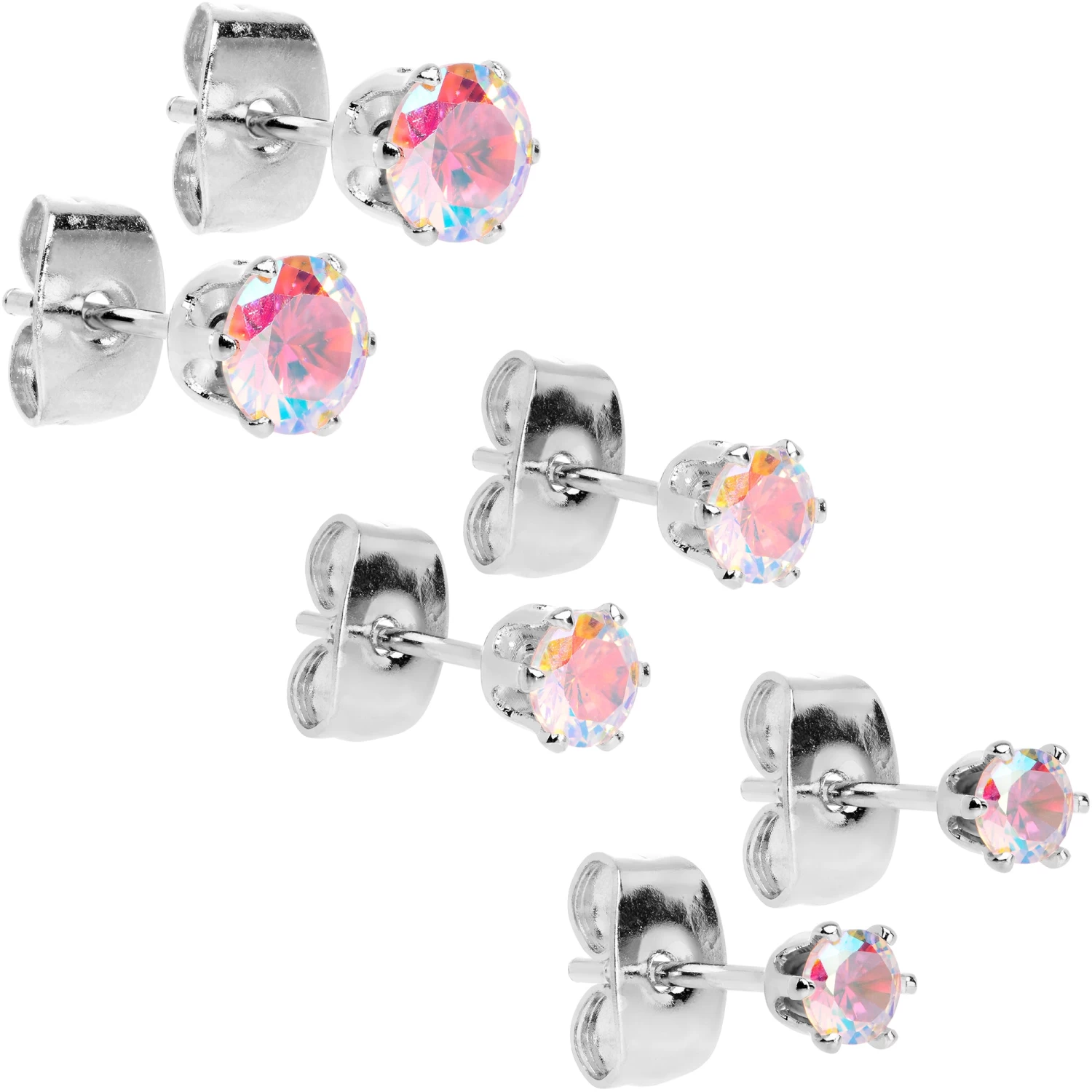 20 Gauge Aurora CZ Gem 3mm To 5mm Post Stud Earring Set Of 3 1 20 Gauge Aurora CZ Gem 3mm To 5mm Post Stud Earring Set Of 3