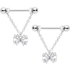Gaby 14 Gauge 11/16 Clear CZ Gem Beauty Bow Chain Dangle Nipple Ring Set
