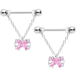 Gaby 14 Gauge 11/16 Pink CZ Gem Beauty Bow Chain Dangle Nipple Ring Set