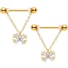 Gaby 14 Gauge 11/16 Clear CZ Gem Gold Hue Beauty Bow Chain Nipple Ring Set