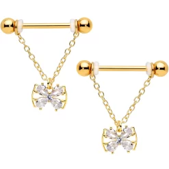 Gaby 14 Gauge 11/16 Clear CZ Gem Gold Hue Beauty Bow Chain Nipple Ring Set