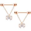 Gaby 14 Gauge 11/16 Clear CZ Gem Rose Gold Hue Bow Chain Nipple Ring Set