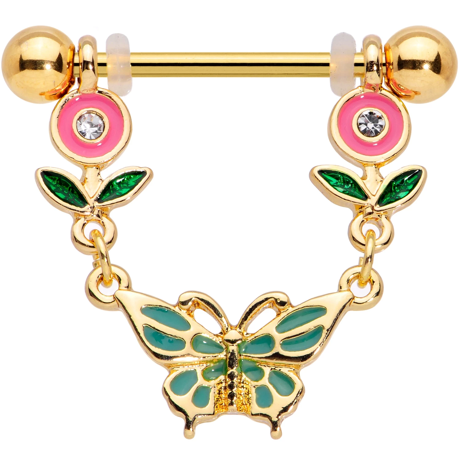 14 Gauge 9/16 Clear Gem Gold Tone Butterfly Flower Nipple Ring Set 3 14 Gauge 9/16 Clear Gem Gold Tone Butterfly Flower Nipple Ring Set - Image 3