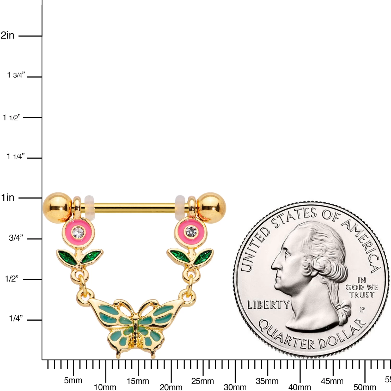 14 Gauge 9/16 Clear Gem Gold Tone Butterfly Flower Nipple Ring Set 4 14 Gauge 9/16 Clear Gem Gold Tone Butterfly Flower Nipple Ring Set - Image 4