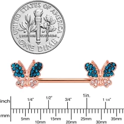 14 Gauge 9/16 Clear Aqua Gem Rose Gold Tone Butterfly Nipple Ring Set -Body Jewelry Store 71716.otherimage2