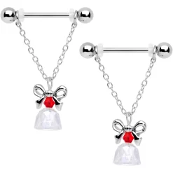 Gaby 14 Gauge 11/16 Red Gem Bell Christmas Chain Dangle Nipple Ring Set