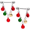 Gaby 14 Gauge 11/16 Red Green Bell Christmas Chain Dangle Nipple Ring Set